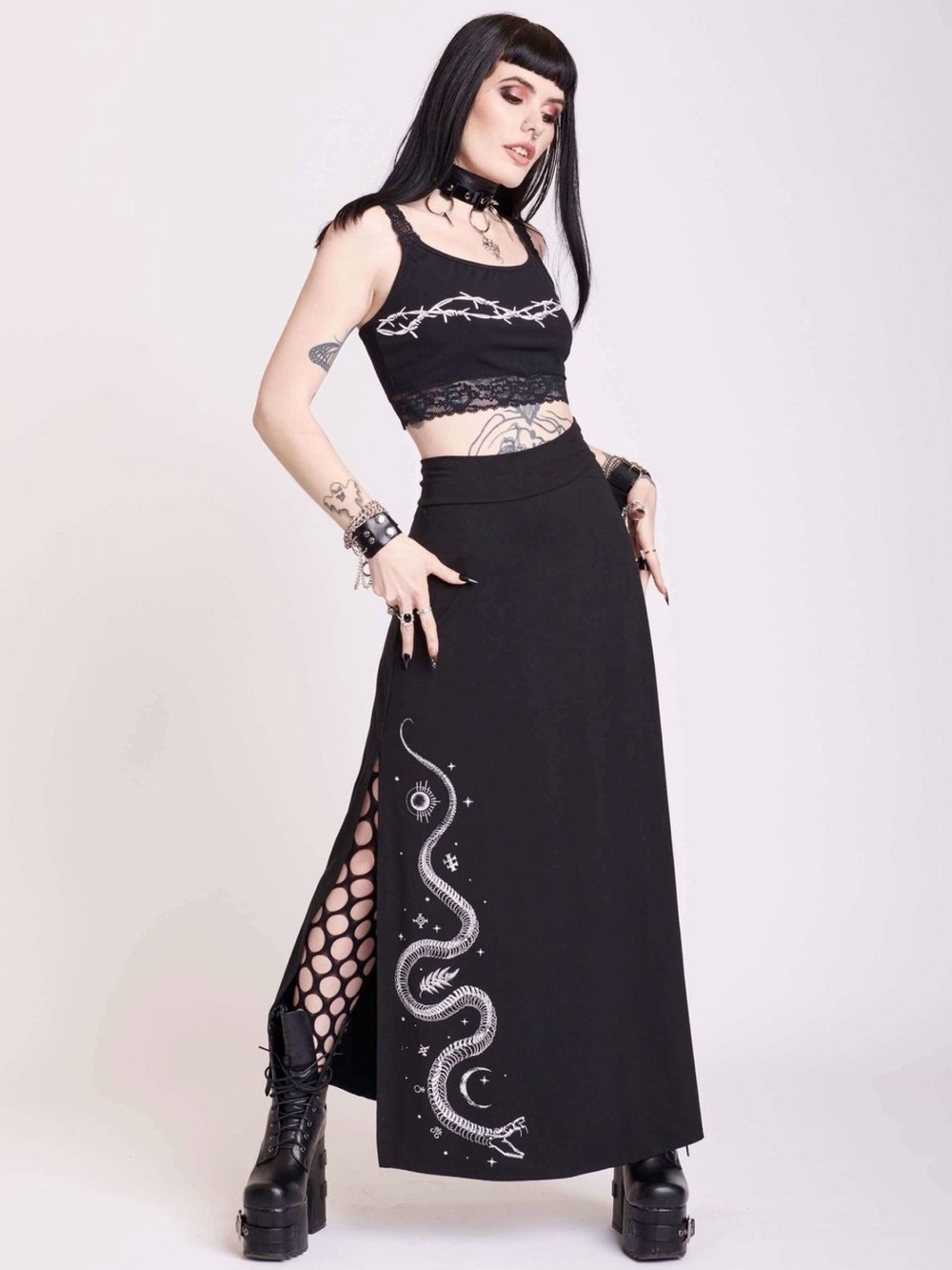 NEW MIDNIGHT HOUR SLITHERING SNAKE SERPENT BLACK DOUBLE SLIT LEG MAXI SKIRT RARE
